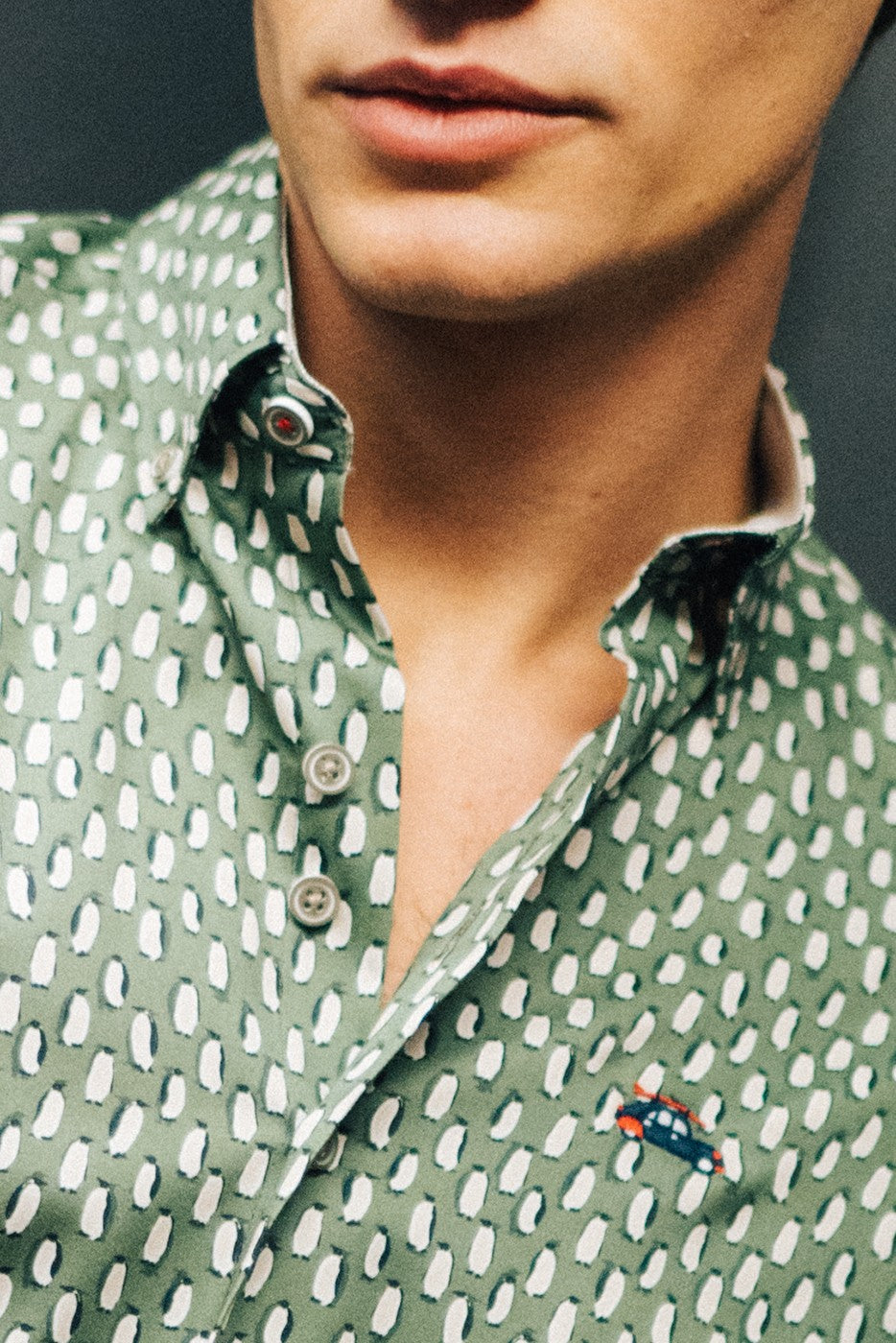 Camisa hombre slim fit verde estampado pingüinos