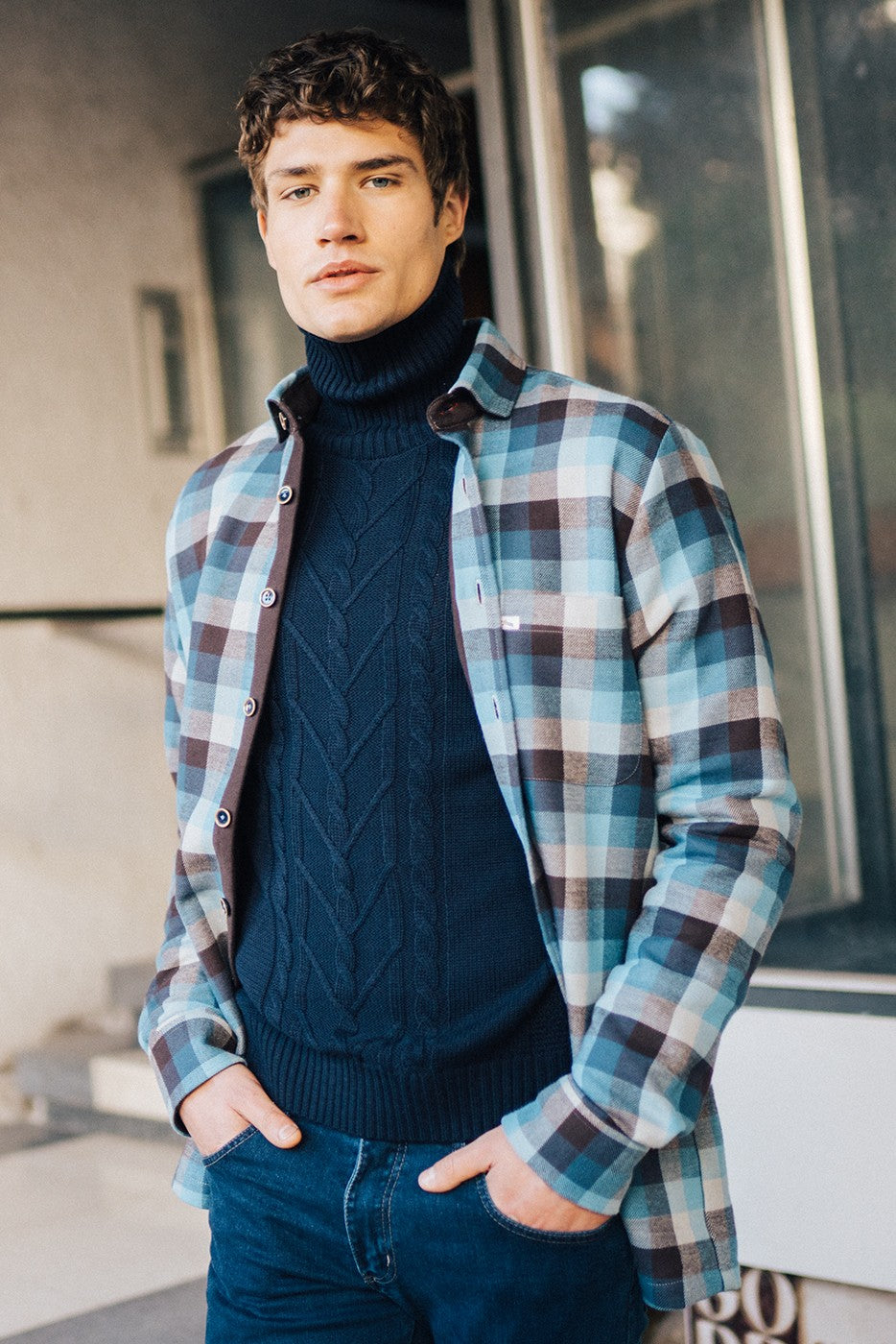 Sobrecamisa hombre cuadros azules con bolsillo grande