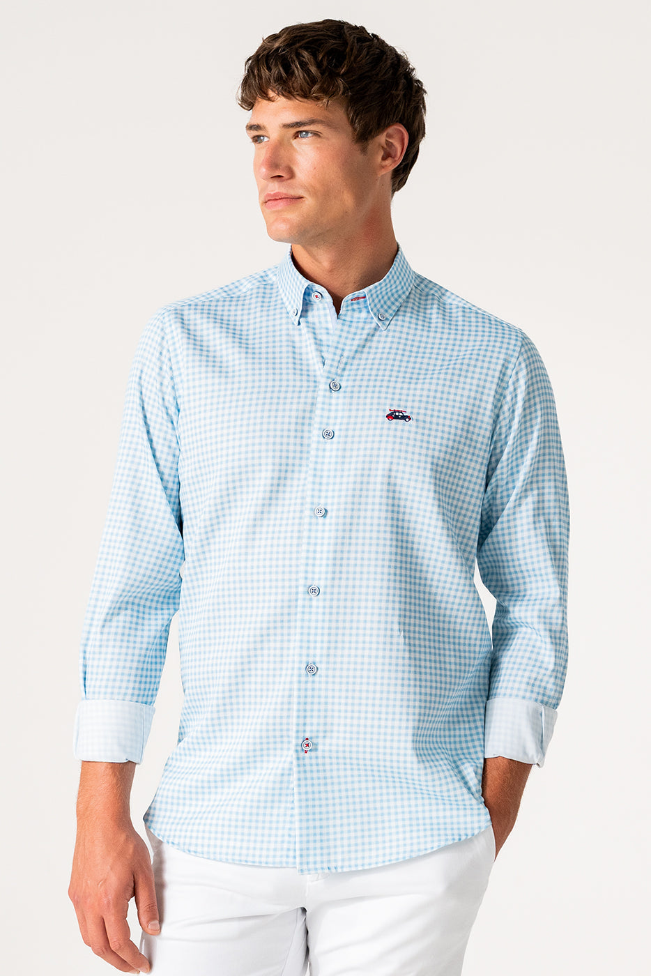 Camisa hombre estampado cuadro celeteste