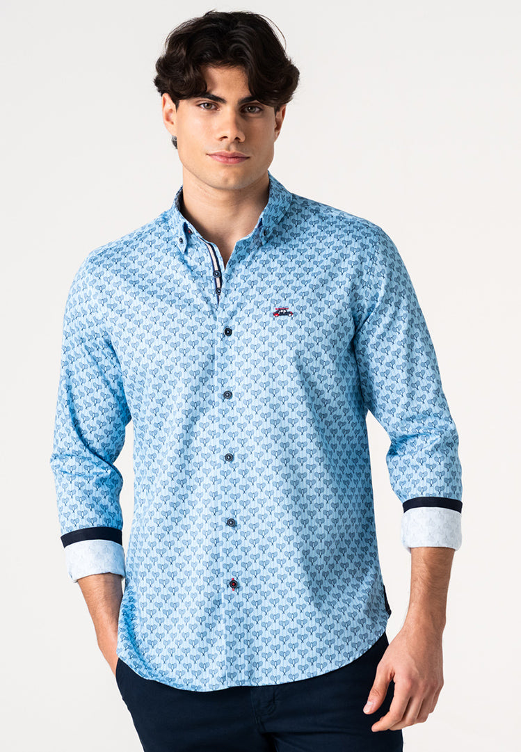 Camisa azul hombre estampado raquetas