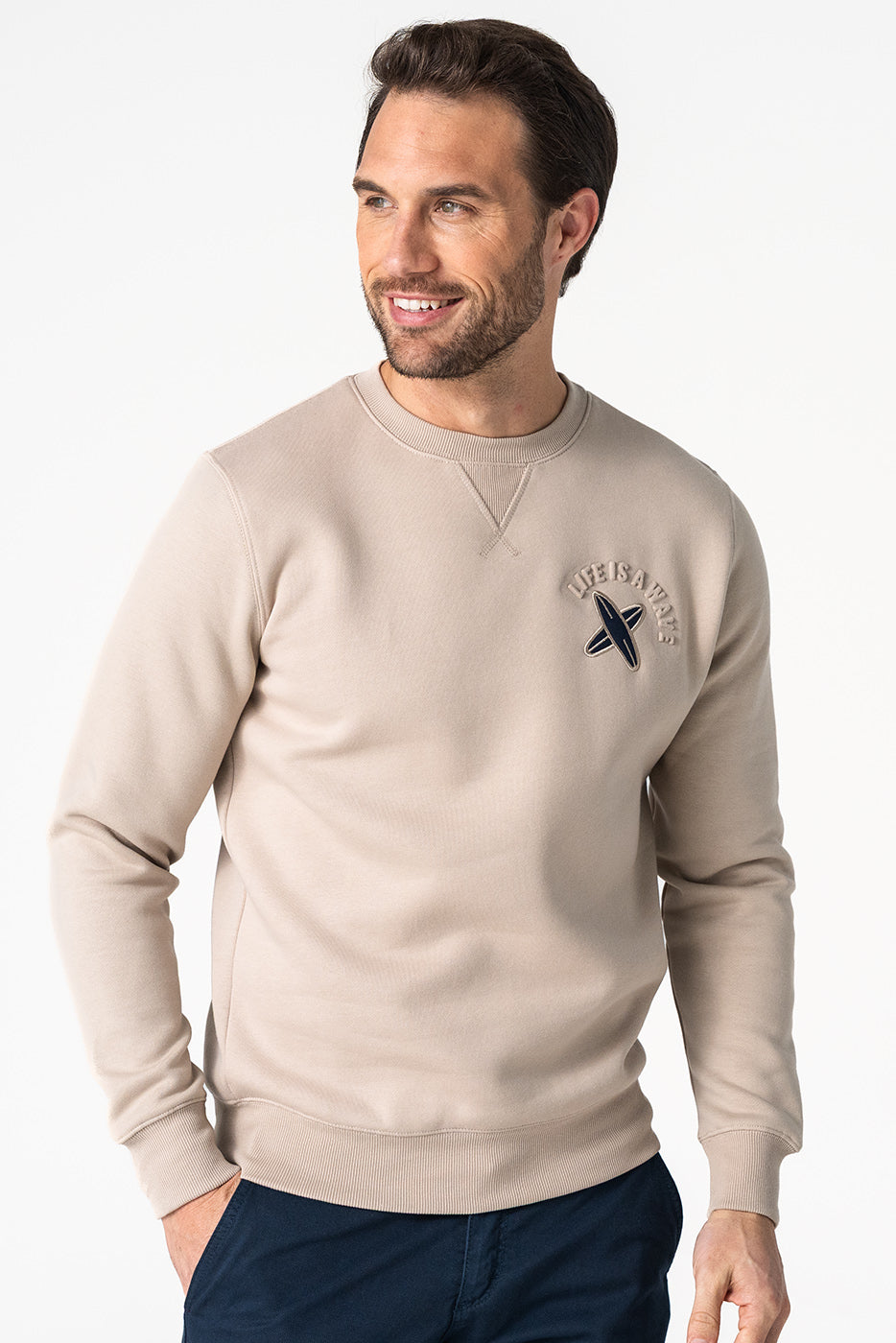 Sudadera hombre cuello redondo beige