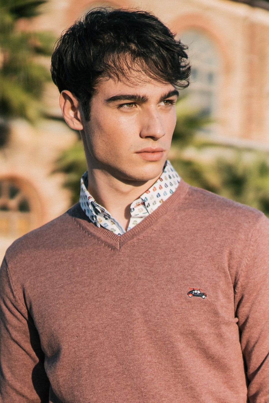 Jersey punto de cuello pico color teja