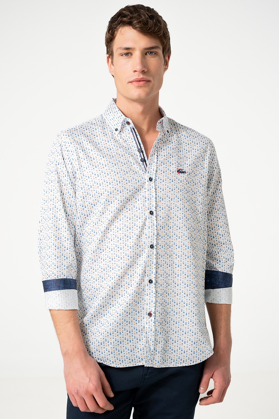Camisa estampado circulos azules y beige