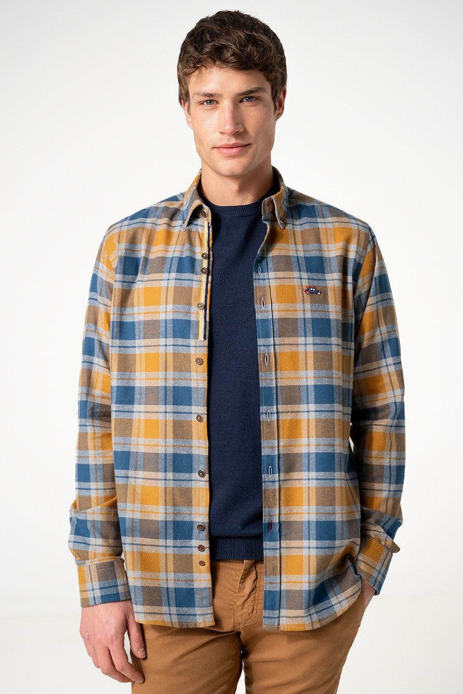 Camisa hombre cuadros mostaza y azul