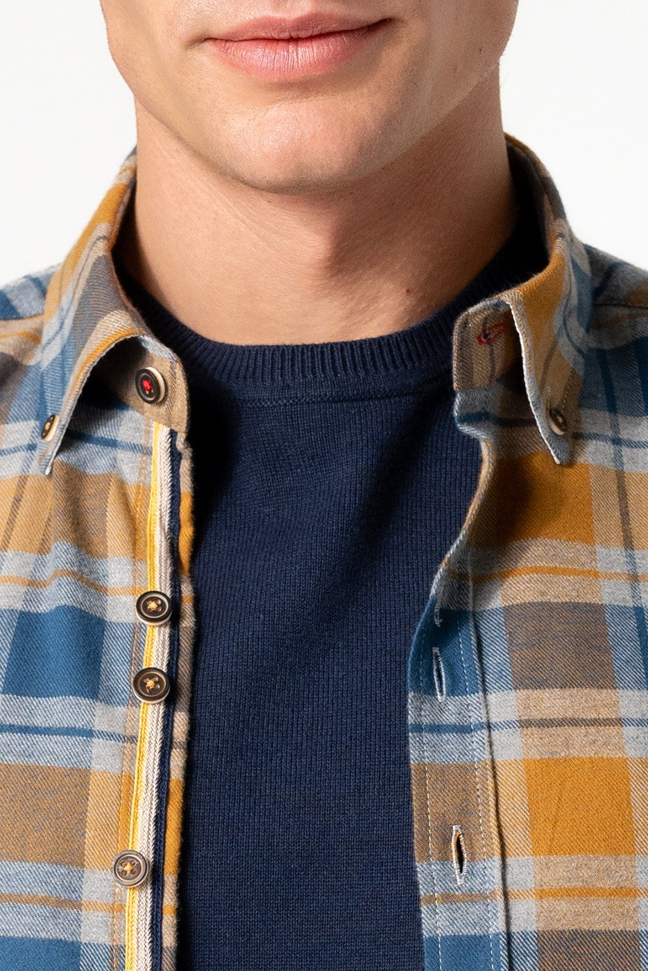 Camisa hombre cuadros mostaza y azul