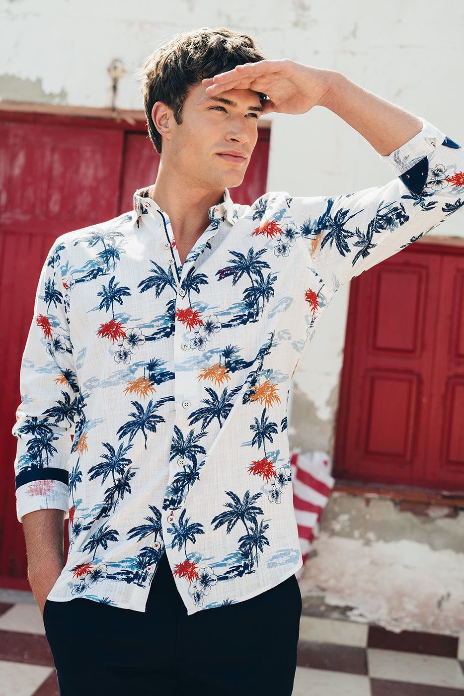 Camisa estampado tropical aspecto lino hombre